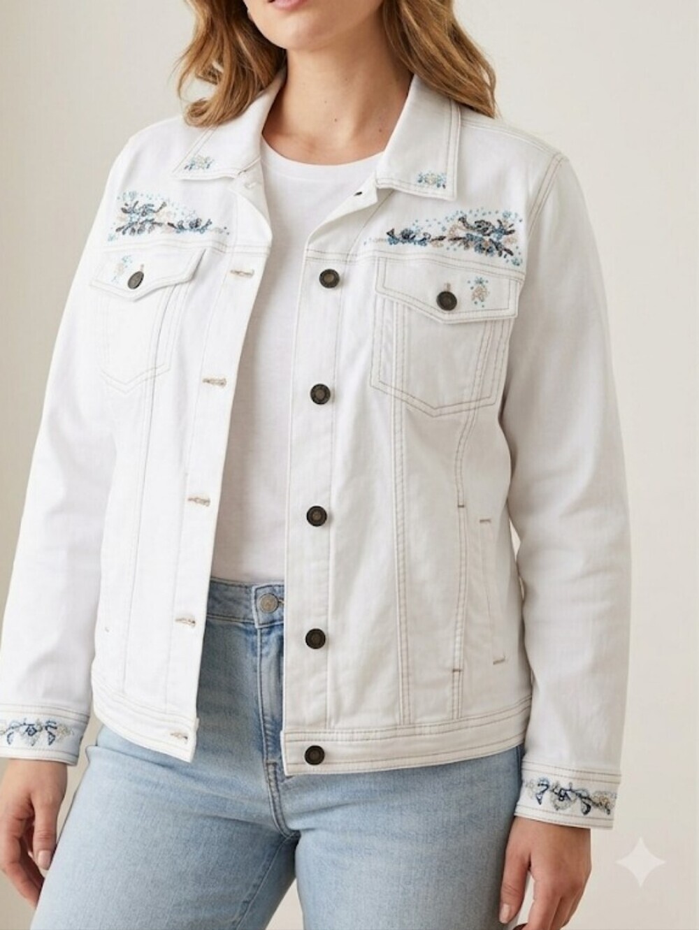 Denim Y Co White Embroidered Women's Denim Jacket with Blue Floral Detail